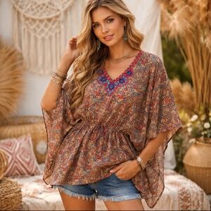 Womens Beaded Paisley Kaftan Top Large Colorful Gypsy Festival Cottage Bohemian